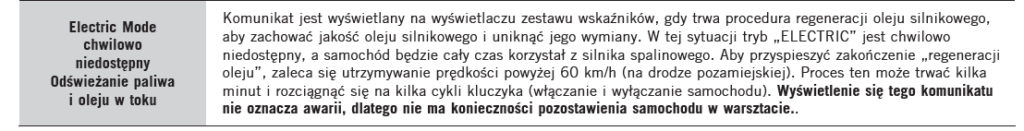 Electric Mode chwilowo niedostępny Odświeżanie paliwa i oleju w toku